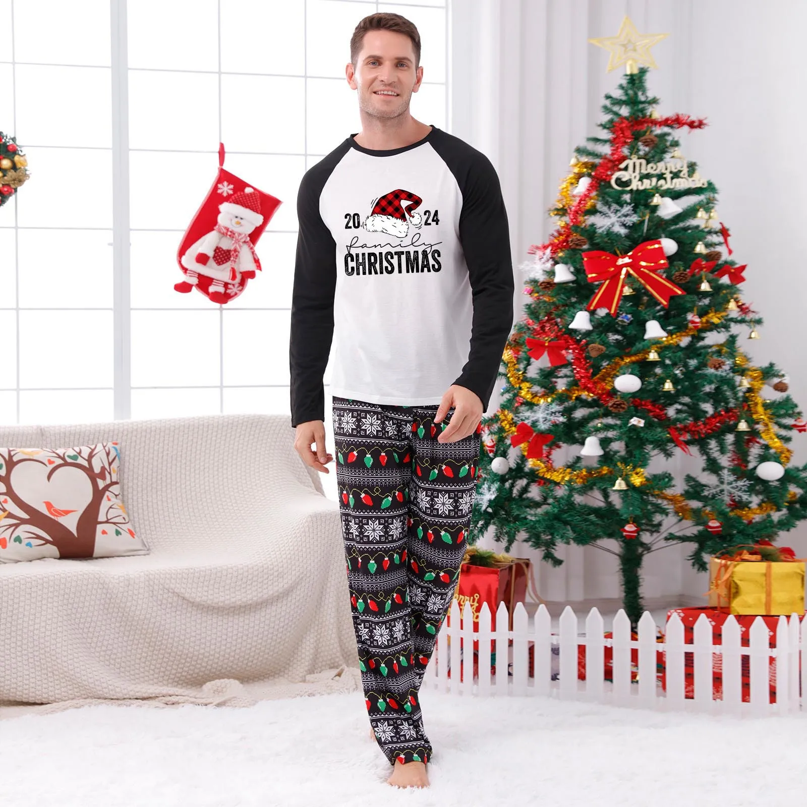 Europeu e americano família casa wear natal casa wear família terno xadrez retalhos impresso casa wear família combinando outfit