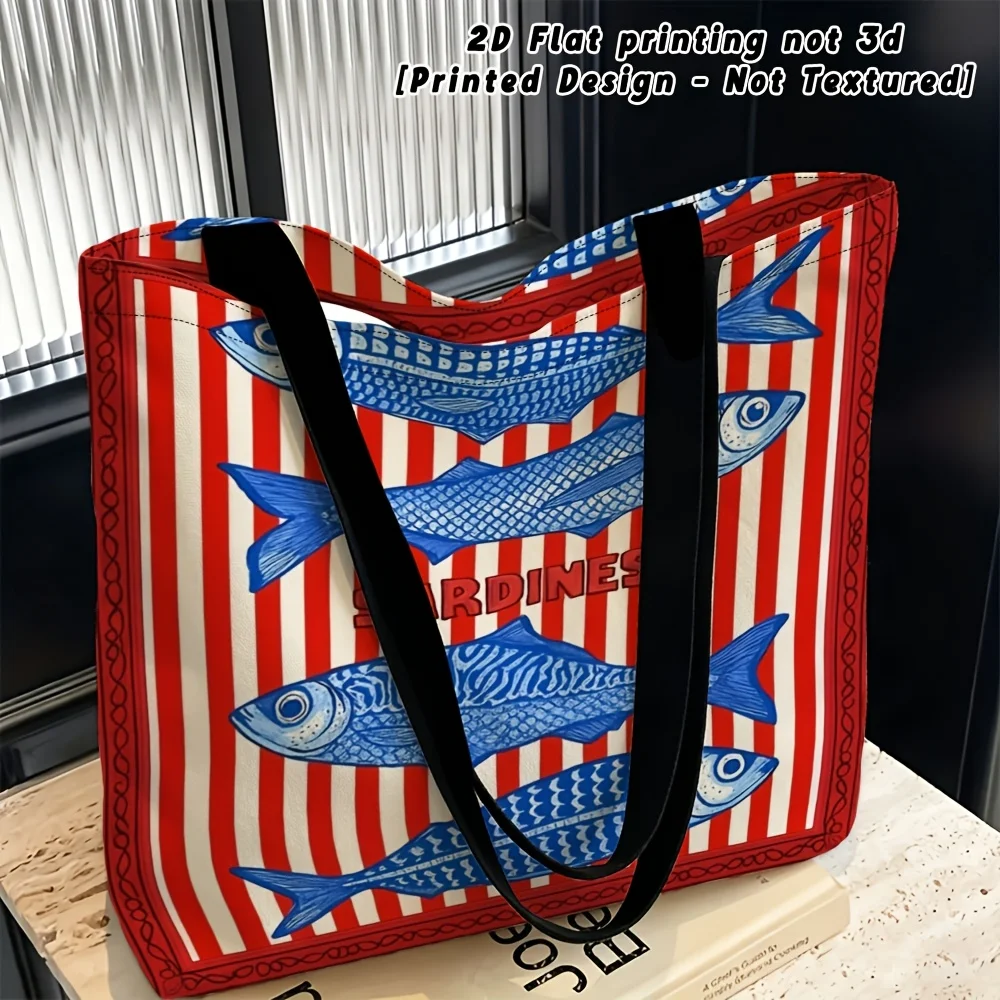 1pc, 2D Flat Women's Shoulder Bag, Blue Sardine Pattern Themed Women's Shoulder Bag, for Daily Use, Multi-functional Tote Bag