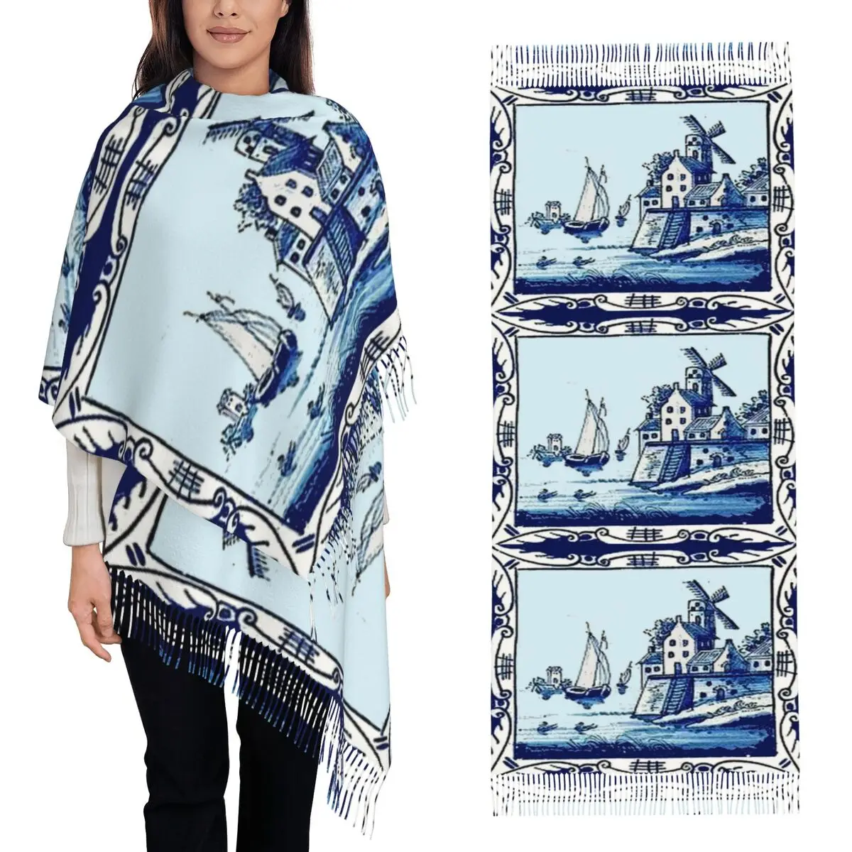 

Dutch Blue Delft Vintage Windmill Print Scarf Tassel Scarves Women Soft Warm Shawls and Wraps Long Fall Winter Shawl Wrap