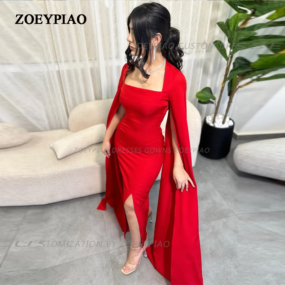 

Red Stretch SatiBeach Party Dresses Celebrity Pleats Square Neck Homecoming Evening Gowns Arabic Special Occasion Prom Dress