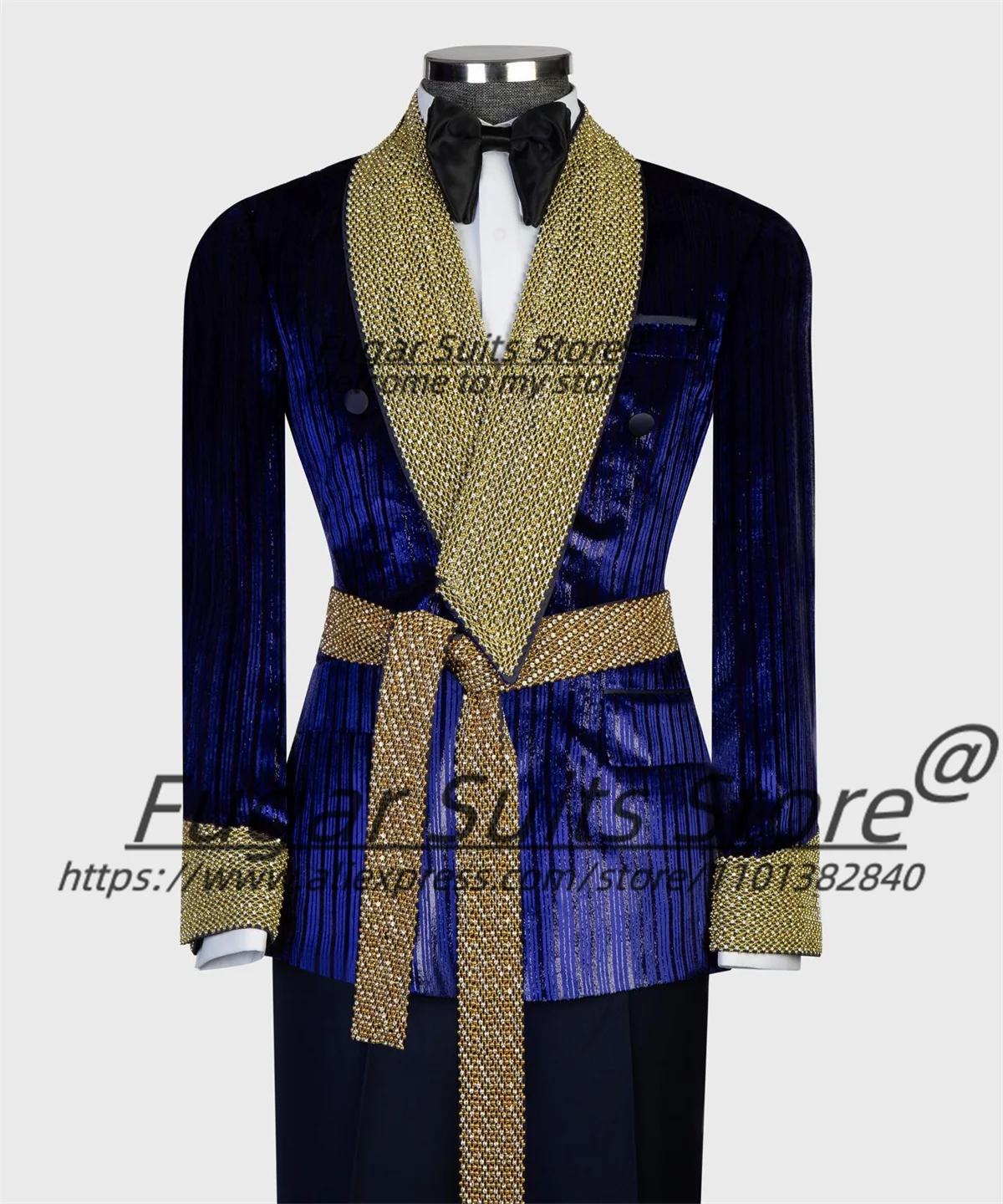 

Elegant Royal blue Luxuly Men Suits Customized Gold Stone Shawl Lapel Groom Wedding Tuxedos 2 Pieces Sets Male Party Blazers