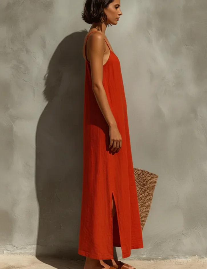 Damenkleid in Unifarbe mit Verstellbaren Trägern und Quadratischem Ausschnitt im Bohemian-Urlaubsstil – Detail 4