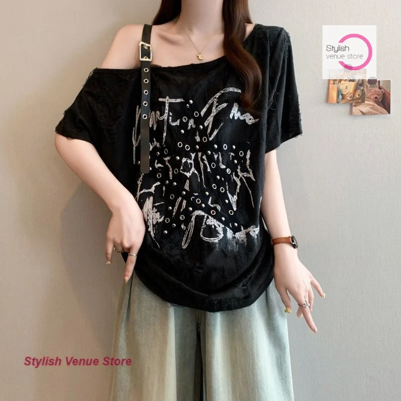 

Korean style inclined collar drawstring five-pointed star short-sleeved T-shirt women's summer new fashion loose casual top.