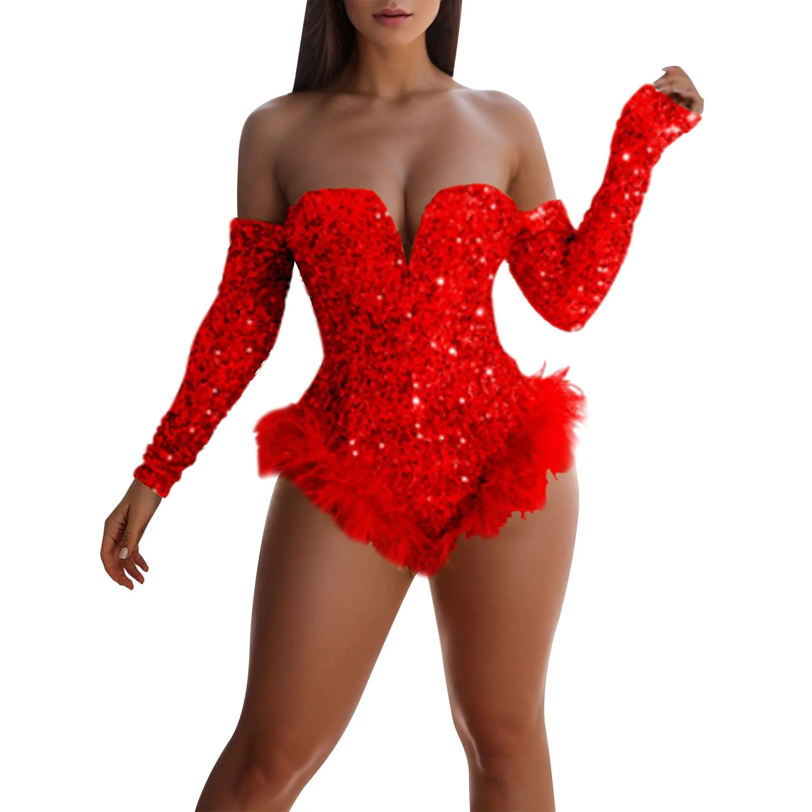 Hochzeits gast Kleider für Frauen fallen einfarbig Glitzer funkelnden Pailletten niedrigen Ausschnitt Mini rotes Kleid Flush Trim Party kleider