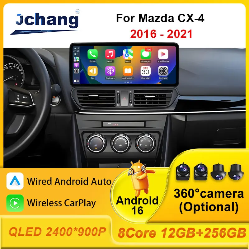 Radio para Auto con Android 16 para Mazda CX-4 2016-2021, Reproductor Multimedia GPS, Unidad Principal con Navegación GPS, Carplay Inalámbrico, Auto QLED, WiFi, 4G NET
