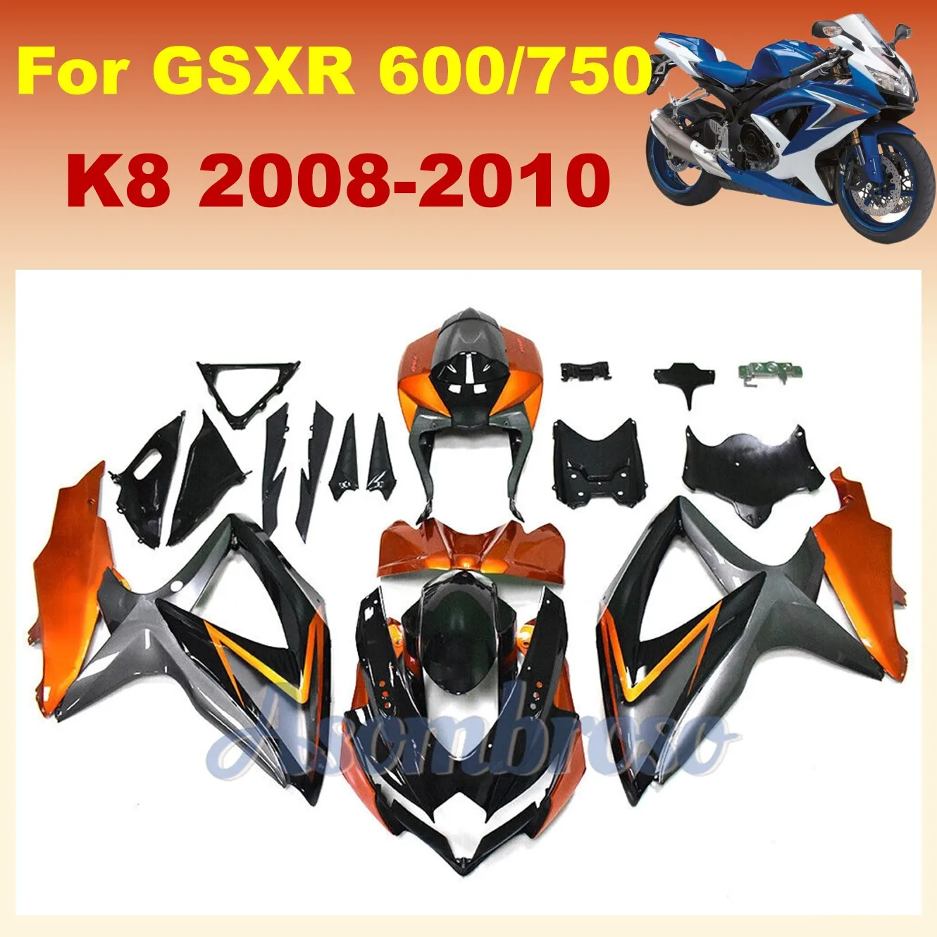 

Full Fairings kit fit For GSXR 600 750 2008 2009 K8 GSXR600 GSXR750 08 09 10 orange gray black Bodywork Protective cover