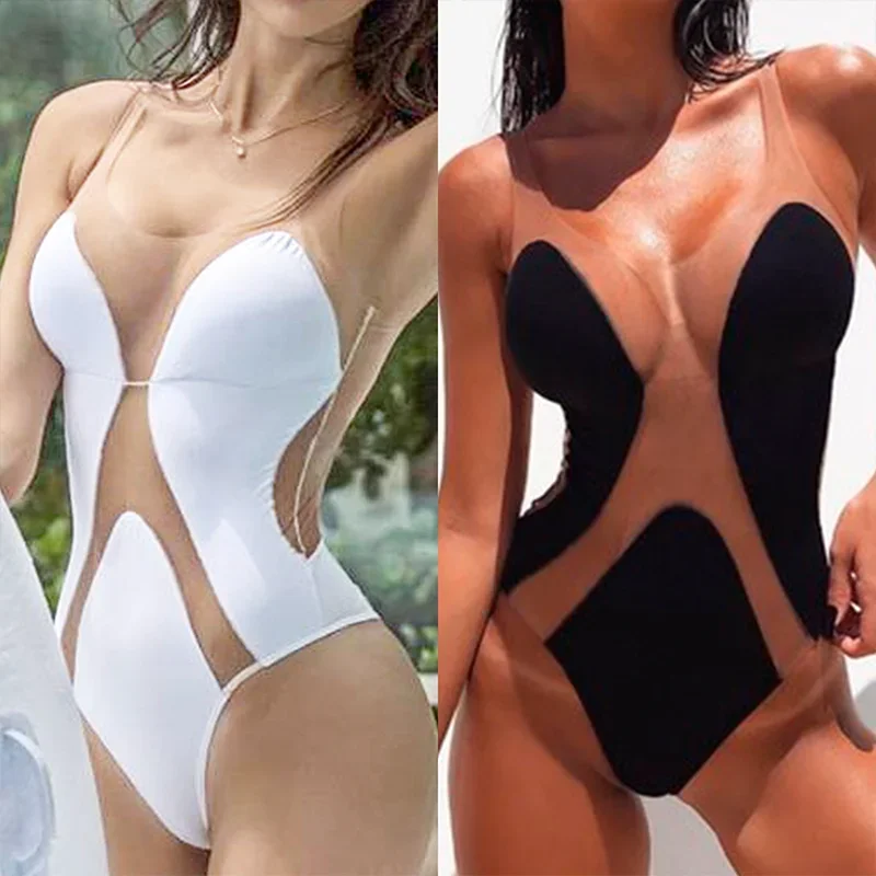 Sexy Splicing Mesh See Through Female Swimwear One Piece Swimsuit Women High Cut Monokini Bather Bathing Suit Swim Beachwear