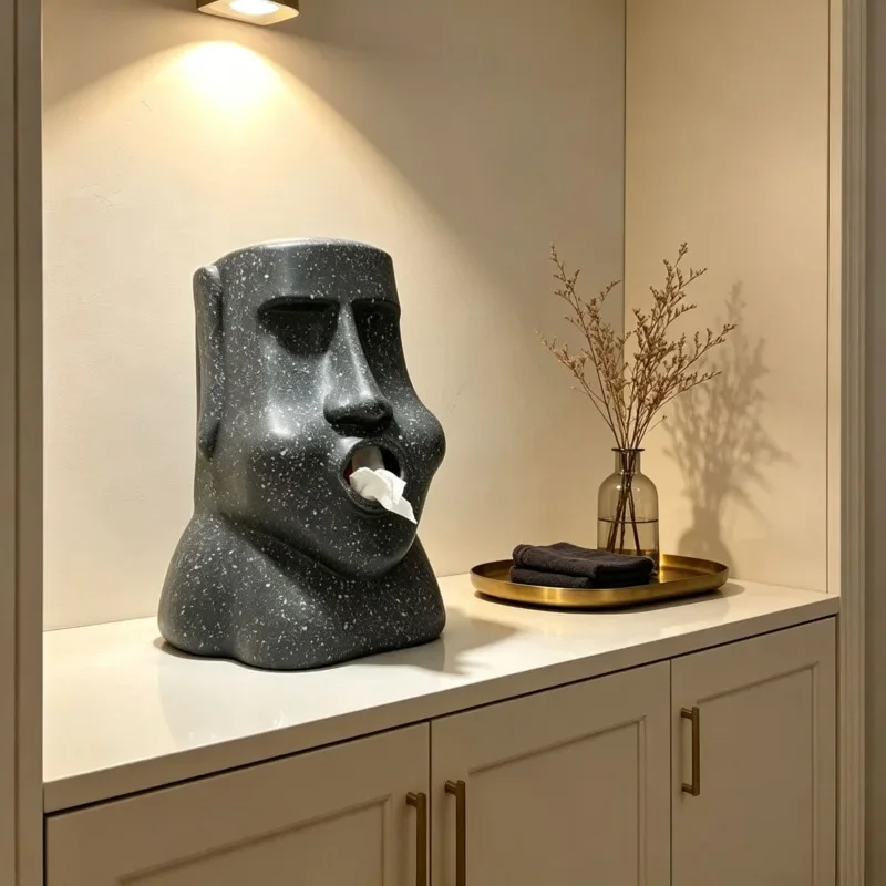 24cm Tissue Box Holder Cover Paper Dispenser Moai Statue Face Napkin Case Funny Living Room Table Bathroom Home Decor Gift