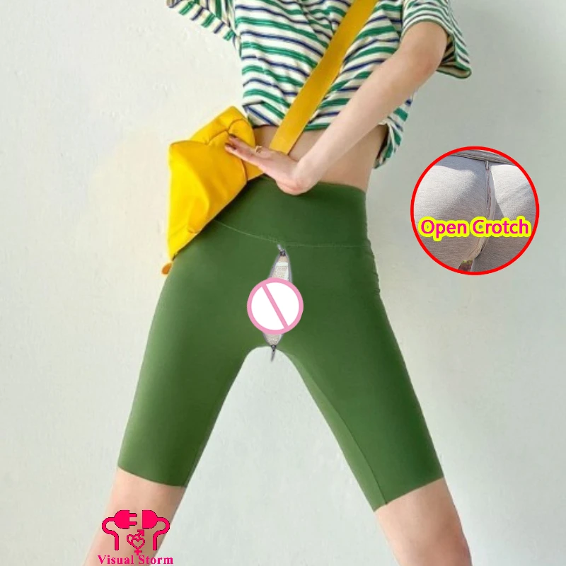 

Woman Open Crotch Short Push Up Leggings Zipper Open Tights At The Crotch Half-Length Pants Outdoor Easy Crotchless Uncensored