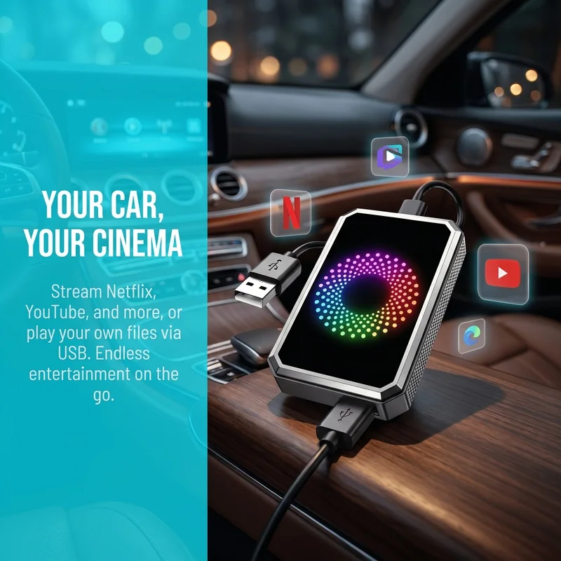 Multifunctional 3‑in‑1 Magic Media Box for Car, Wireless CarPlay Android Auto Adapter with Netflix YouTube Video Streaming Function, Additional USB Port, Plug‑and‑Play for Factory‑Wired Apple CarPlay & Android Auto Vehicles