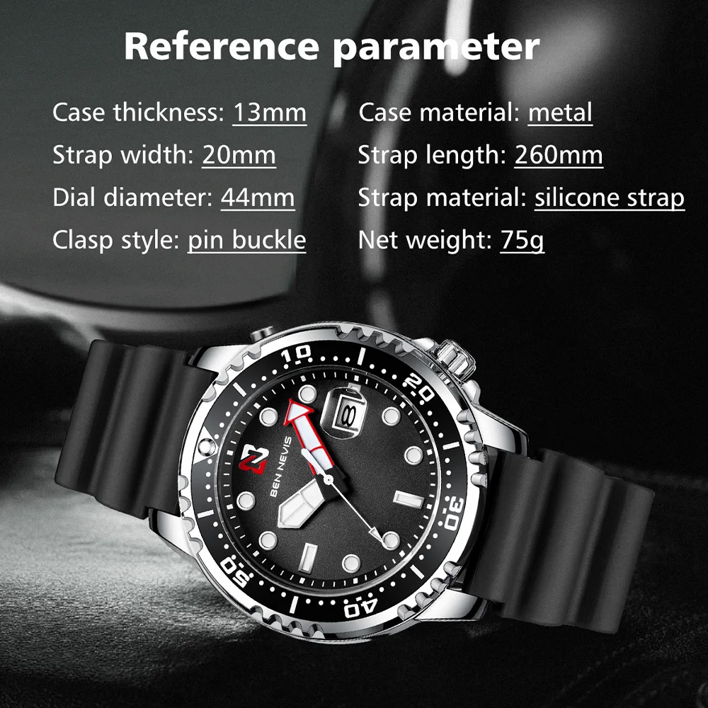 44mm BEN NEVIS Quartz Watch Quartz Movement Luxury Silicone Strap Black Diving Water Ghost Style Wristwatch