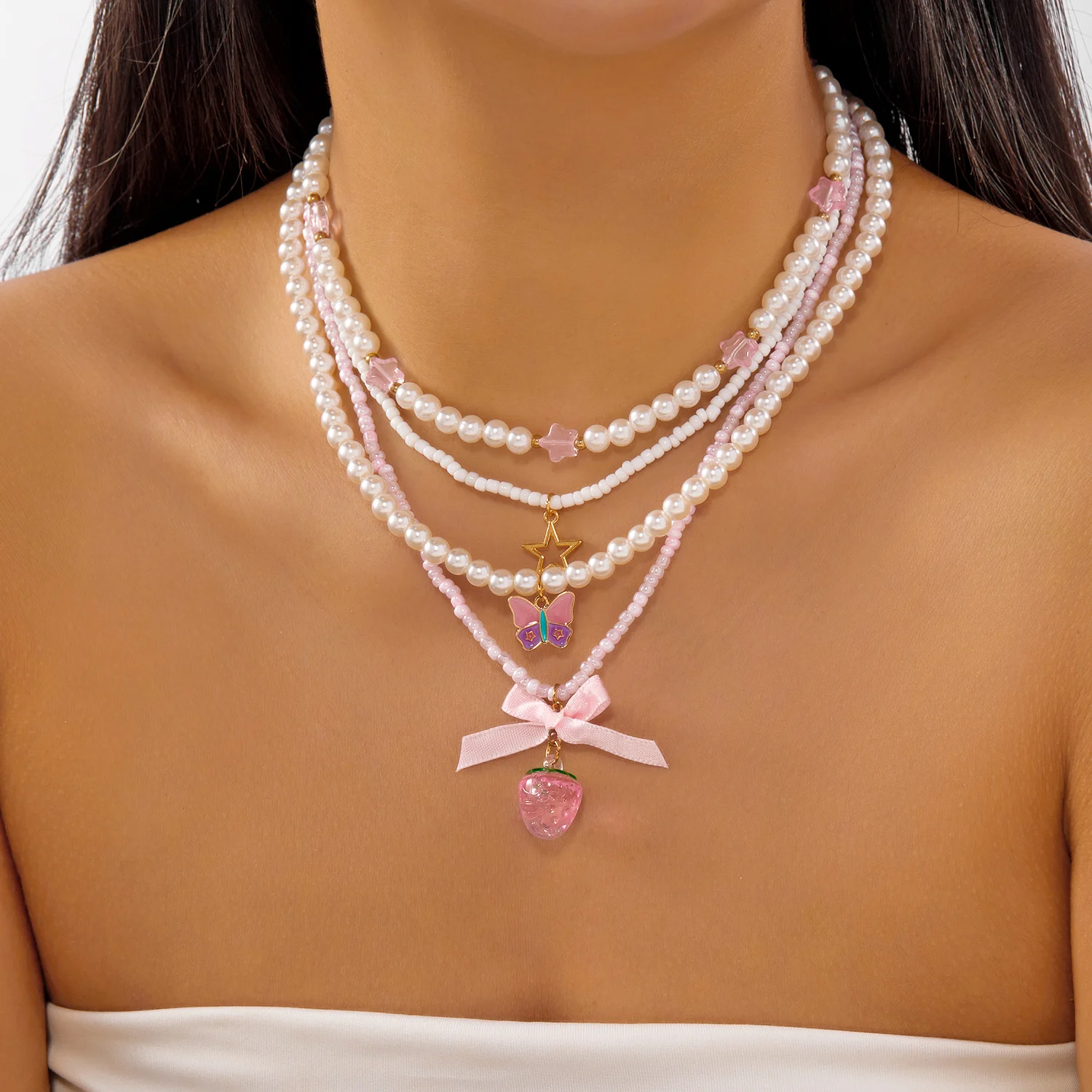 Romantische süße rosa Schleife Liebe Herz Anhänger Halskette Set für Frauen einfache handgemachte mehrschichtige Perlen Halskette Party Schmuck – Detail 1