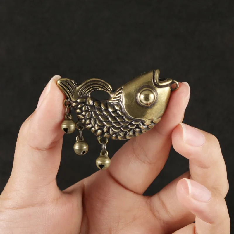 Creative Handmade Brass Fish Keychain Pendant Copper Fish with Bell Pendant Statue Antique Copperware China Fengshui