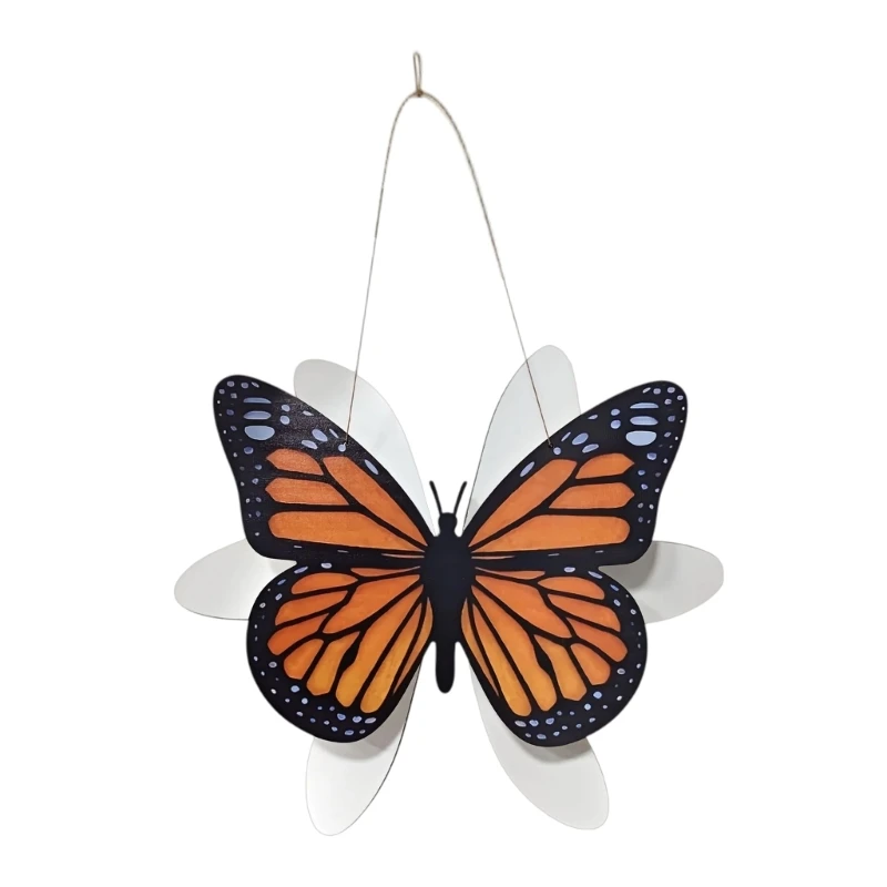 Butterfly Wind Spinner Wooden Yard Hanging Ornament with Moving and Top Cords for Balcony Porch Fence Tree Branch or 37JD