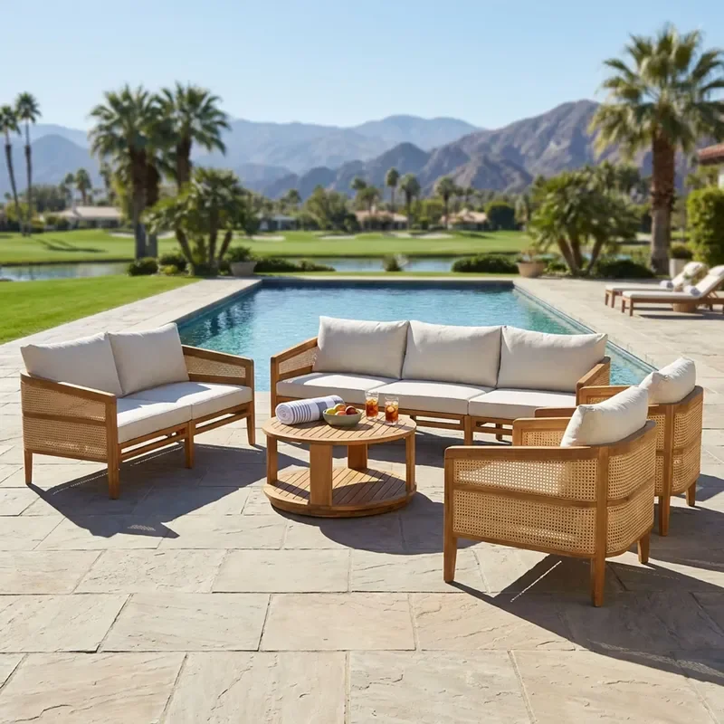 Patio Furniture Rattan Sofa Set, Outdoor Wicker Sofas, Solid Teak Wood Conversation Set for Poolside Garden Backyard Deck