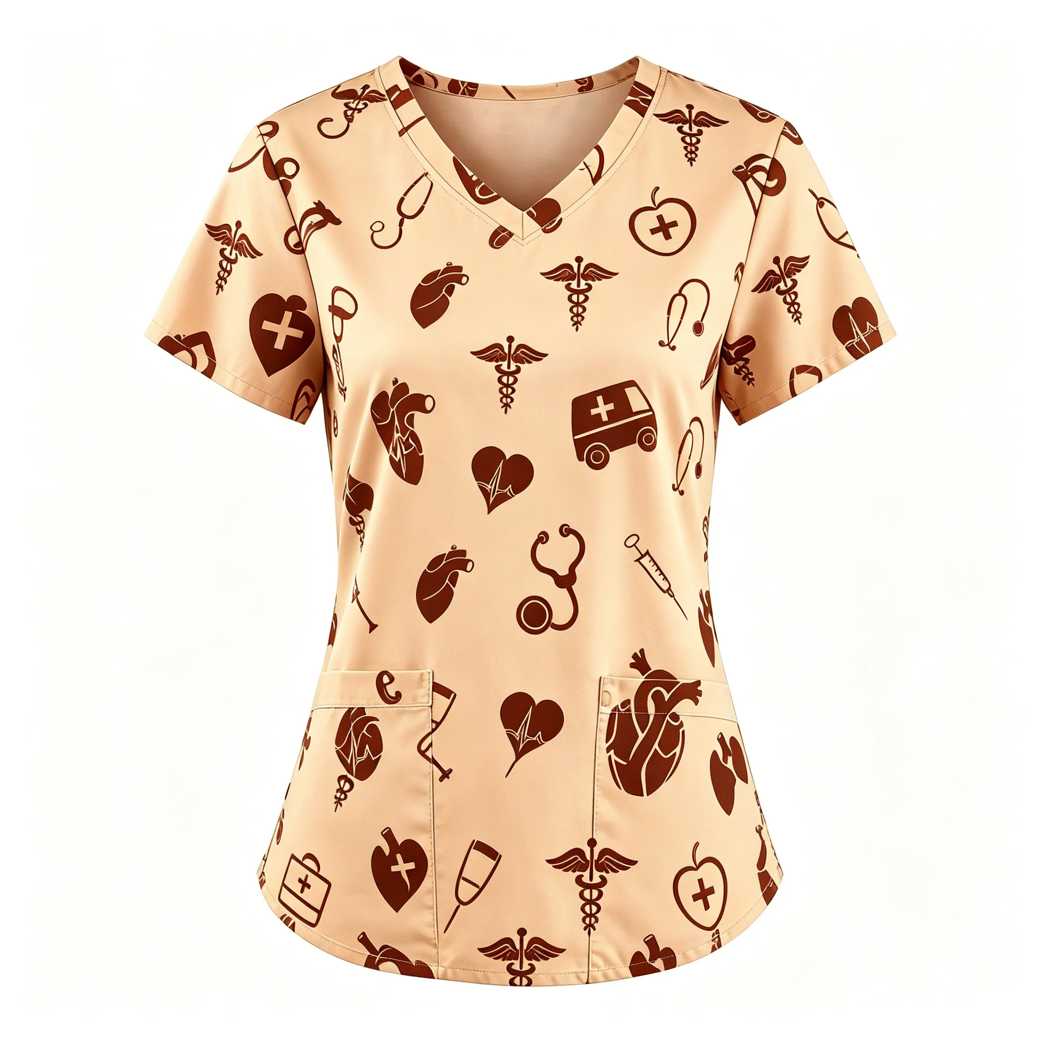 Women's V Neck Short Sleeve Beige Medical Symbol Print Scrub Top with Pockets, Ideal for Summer Casual & Medical Work Wear