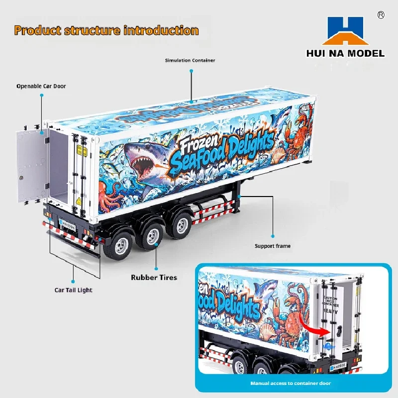 HUI NA MODEL 505D 1/18 Scale Transport Container Blue‑White Container Truck Trailer Tractor Head Not Included extra-long body