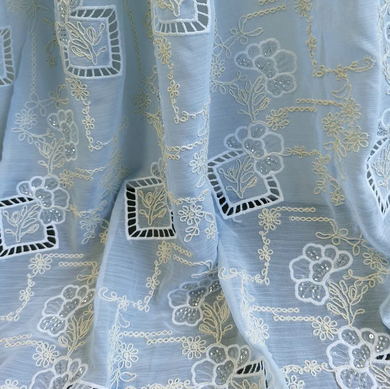 

High-end beaded cord cotton rope 3D embroidered laser-cut chiffon fabric for DIY dresses, shirts,clothing