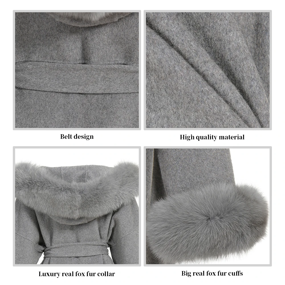 2024 Real Fur Coat Hood Winter Jacket Women 100% Natural Fox Fur Collar Cuffs Cashmere Wool Blend Oversize Outerwear New Loose