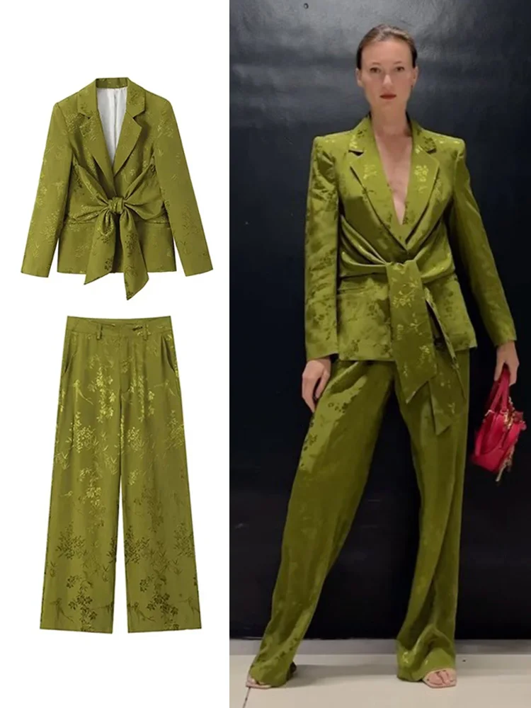 

HH TRAF 2024 Elegant Women's Suits Set Fashion Embroidery Lapel Lace-up Blazer Tops Female High Waist Casual Wide Leg Pants