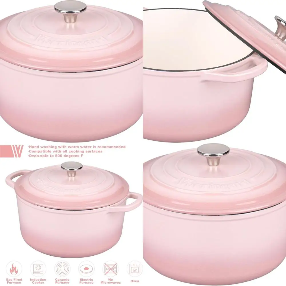 

Pink 6-Quart Enamel-Coated Cast Iron Round Dutch Oven with Lid for Sourdough Bread Baking