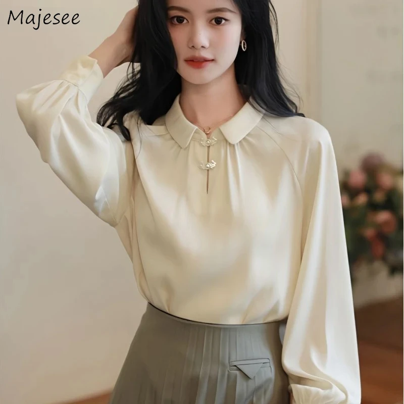 

Рубашка с отложным воротником, женская однотонная рубашка в китайском стиле с лягушкой, винтажная базовая рубашка с рукавами-фонариками, простая офисная женская шикарная повседневная универсальная рубашка