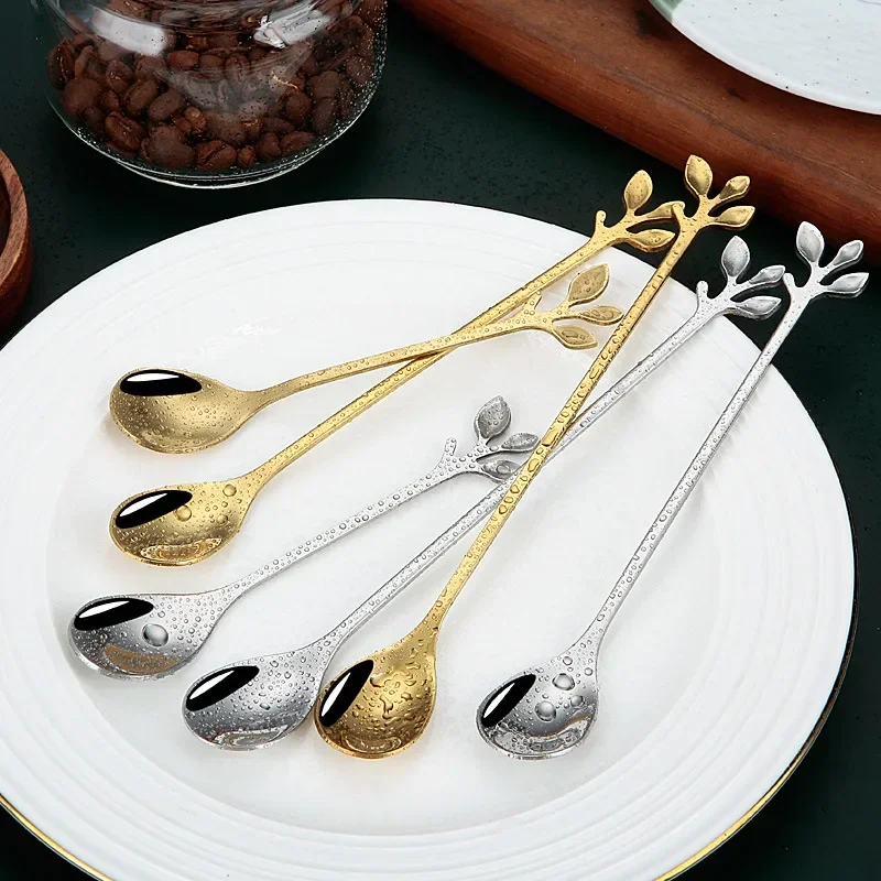 Gold Long Handle Spoon Stainless Steel Leaf Teaspoon Nordic Mini Stirring Spoons Small Fork for Dessert Coffee Honey Home Decor