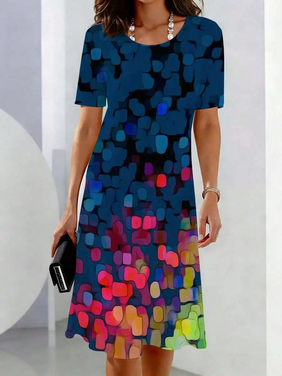 

Womens Casual Abstract Colorful Shapes Short Sleeve Crew Neck Dress For Leisure