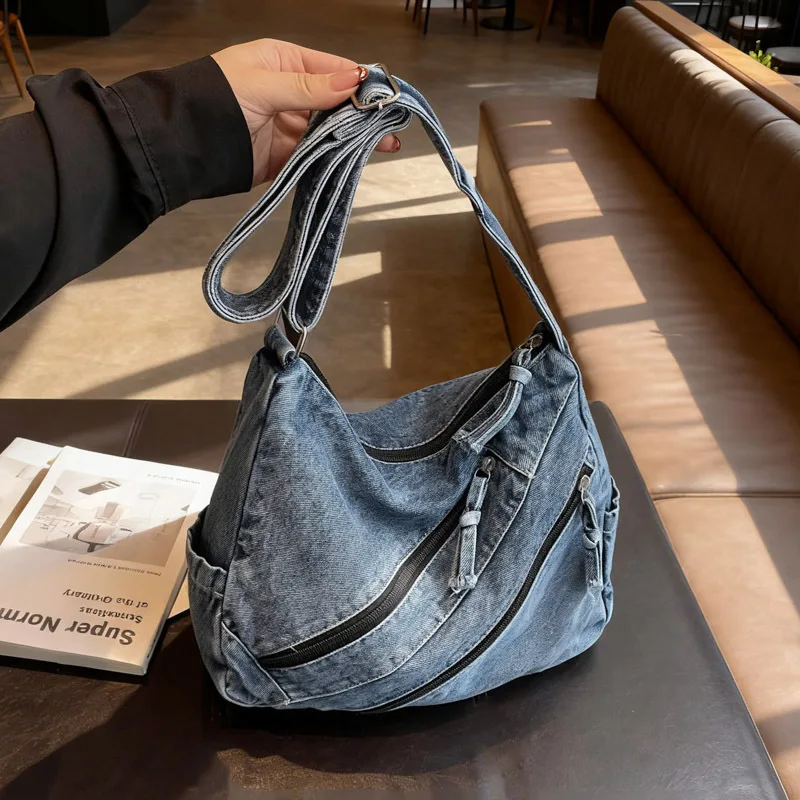 

New Winter Fashion Crossbody Bag Korean Style Large Capacity Denim Shoulder Bag Multi Pocket Casual Texture Simple Commuting Bag