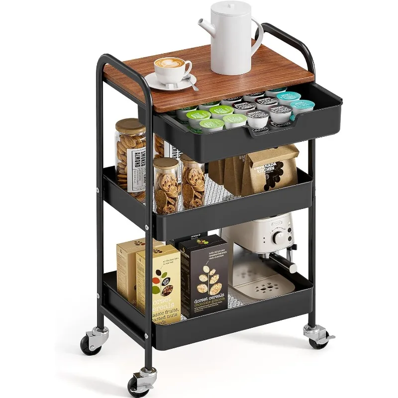 

3-Tier Utility Rolling Cart with Wooden Board and Drawer, Metal Storage Cart with Handle, Black Trolley Kitchen Organizer