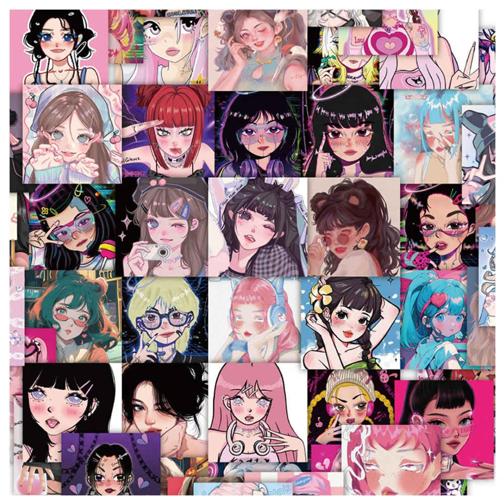 10/30/60pcs Y2K Style Girl Anime Aesthetic Stickers Cartoon Decals Laptop Luggage Guitar Motorcycle Car Decoration Sticker Toys