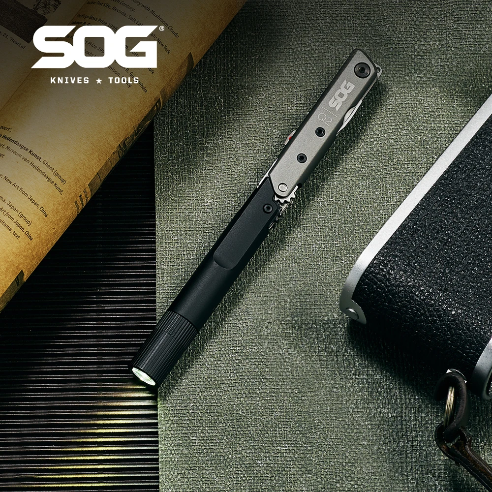 SOG 4 In 1 BATON Q2 Mini Multifunctional Pen With Folding Knife LED Flashlight Multi-Tools Pocket EDC Outdoor Survival Tools Set