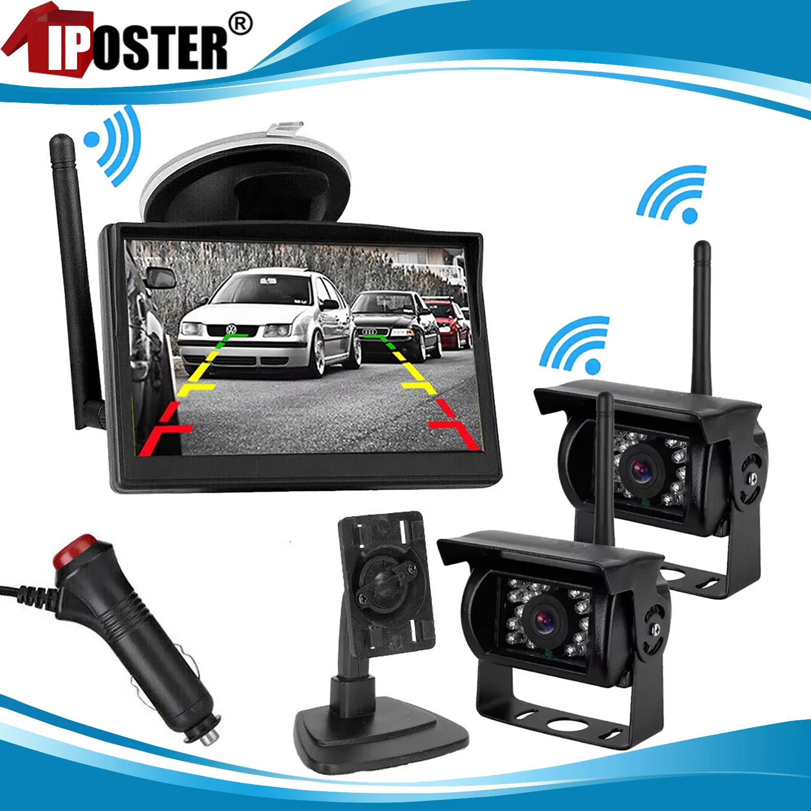 

iPoster Wireless 5" Monitor 2x Backup Reversing Cameras Night Vision Waterproof 2.4GHz 12-24v For 10m Vehicles