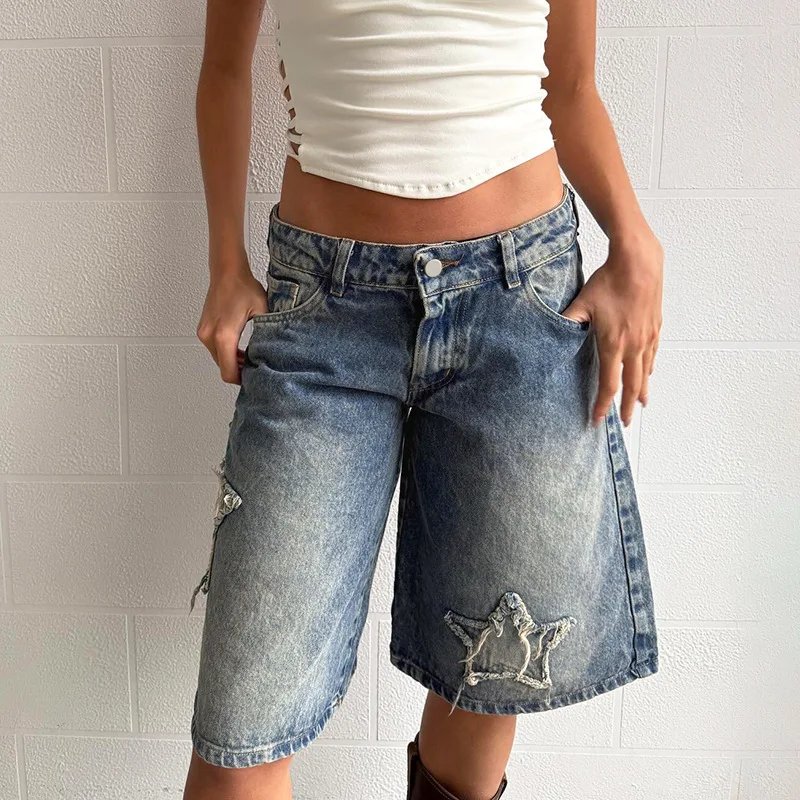 

Американские уличные пряности для девочек, джинсы с нашивками и звездами, нишевые крутые красивые стираемые водой, чтобы сделать старые повседневные брюки