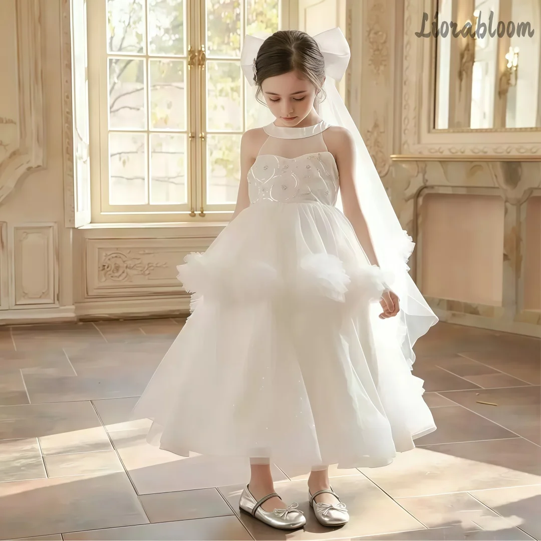 

Girls' White Designer Wedding Gown Formal Wedding Attire Fresh Elegant Flower Girl Dress Layered Party Evening Gown