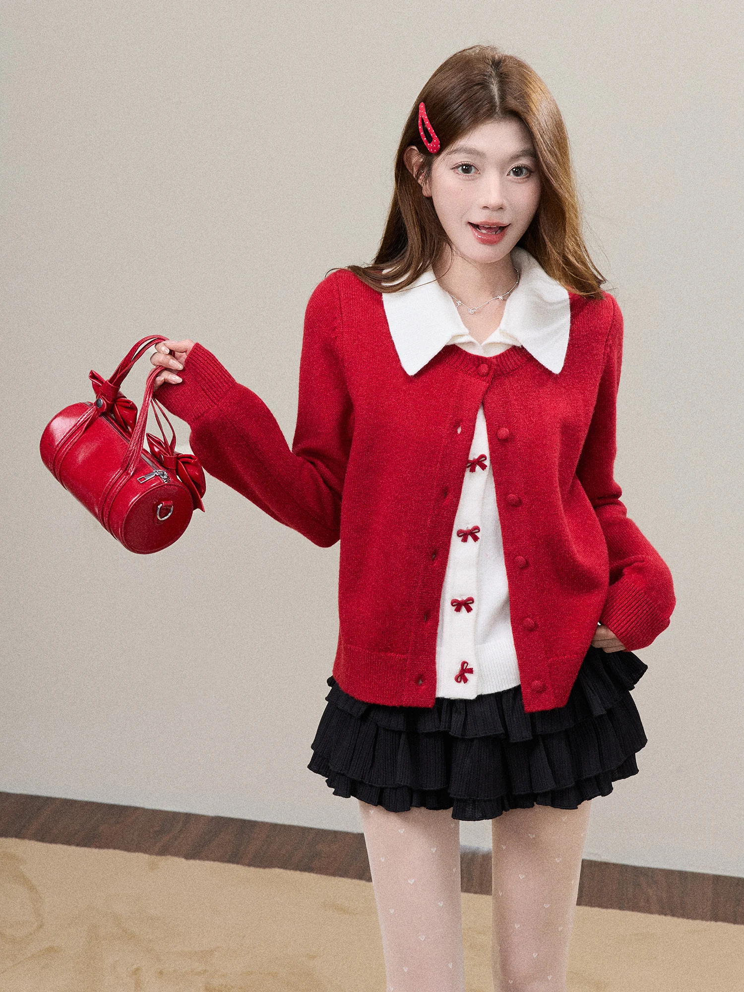 

Red Knot Fake Two-Piece Knitted Sweater Women's Early Spring New Design Sensation Outdoor Wearable Soft Long Sve