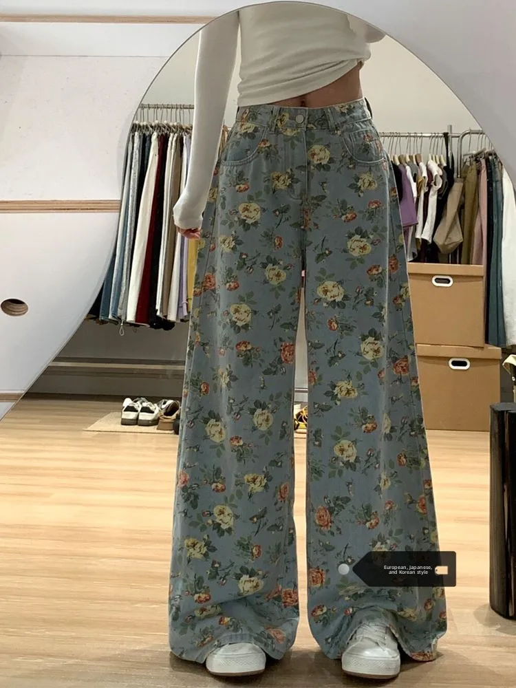 

High Waist Wide Leg Denim Pants Women's Floral American Style Retro Streetwear Summer New Arrivals Floor-Length Trousers