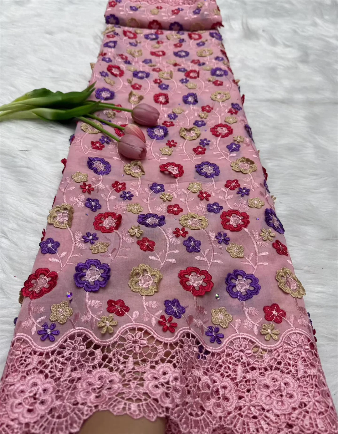 قماش دانتيل فوال سويسري نيجيري مع زينة زهور ثلاثية الأبعاد وأحجار فستان زفاف أفريقي عالي الجودة دانتيل 2026 #3