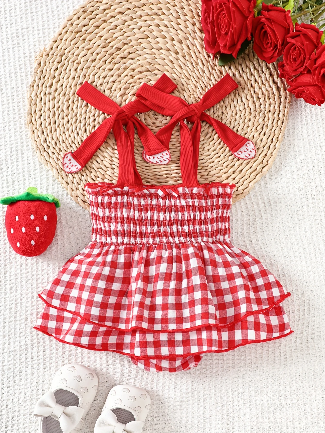 Baby Girl Strawberry Gingham Smocked Tie-Strap Romper Dress – Stretchy Shirred Bodice & Layered Skirt, Cute Summer One-Piece Out