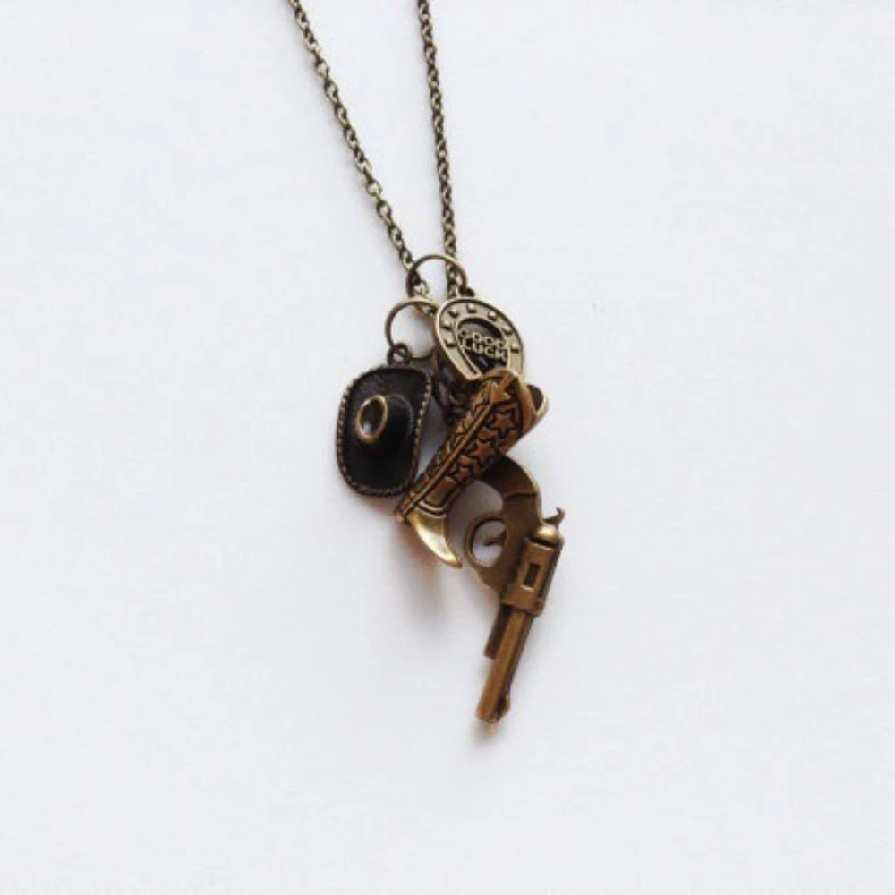 Hip-hop Retro  Gold Color Western Cowboy Boot Hat Pistol Pendant Necklace for Women Men Personality Fashion Jewelry Accessories view 3