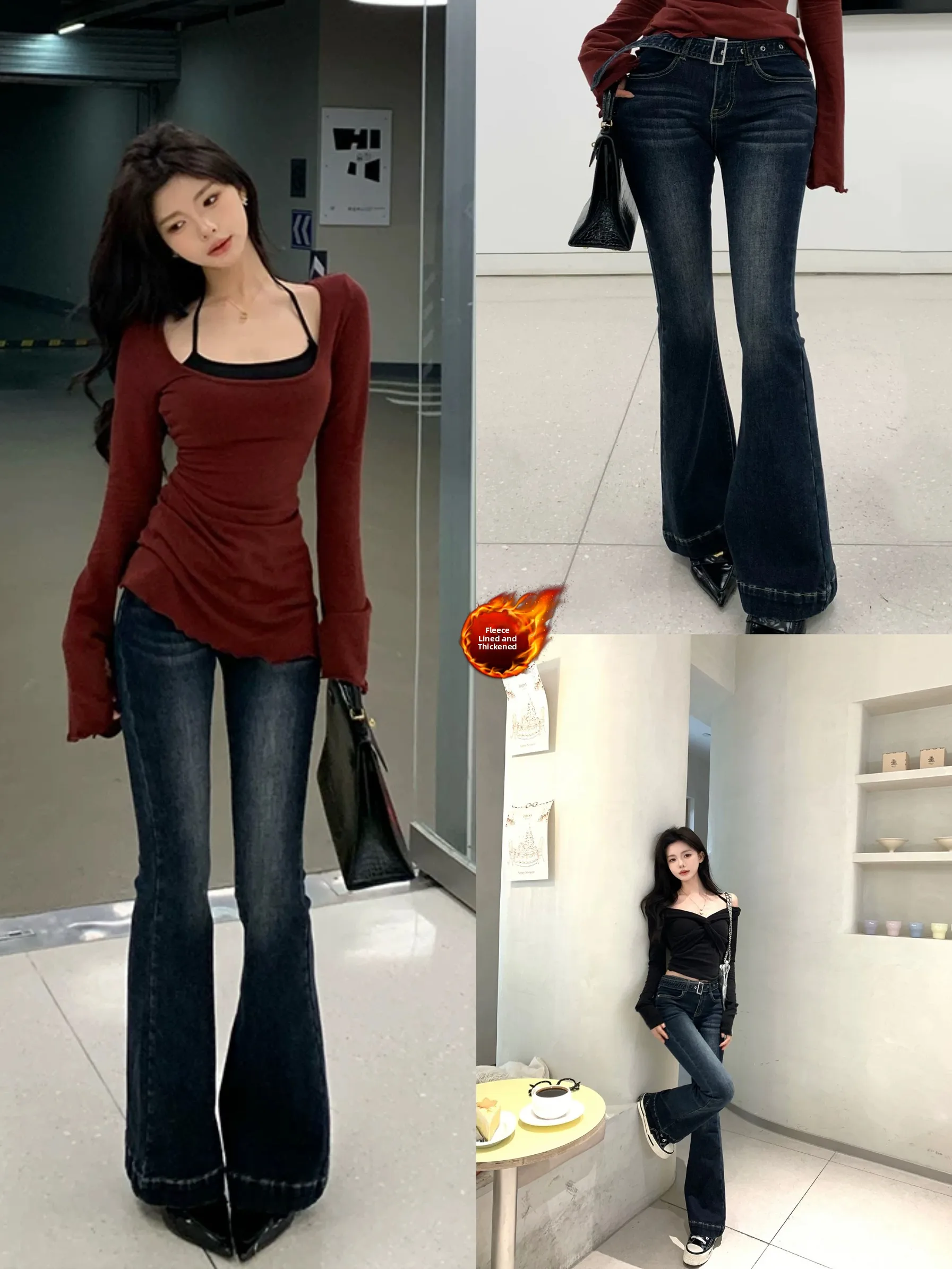 

Low Waist Flared Jeans Women's Fce Lined Slim Fit High Elastici Korean Sle with Belt Proportional Waist Hip Ratio