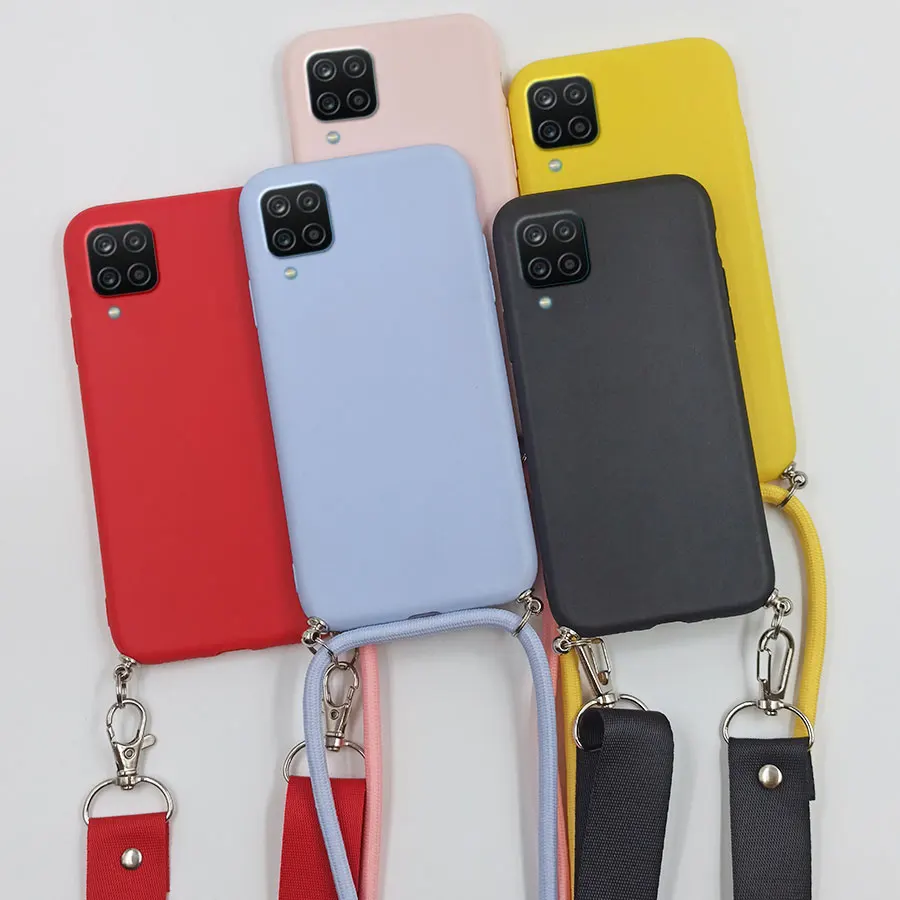 Para Samsung Galaxy A12 M12 F12 funda con correa funda de silicona amarilla púrpura para SamsungA12 4G A 12 funda cruzada collar cuerda