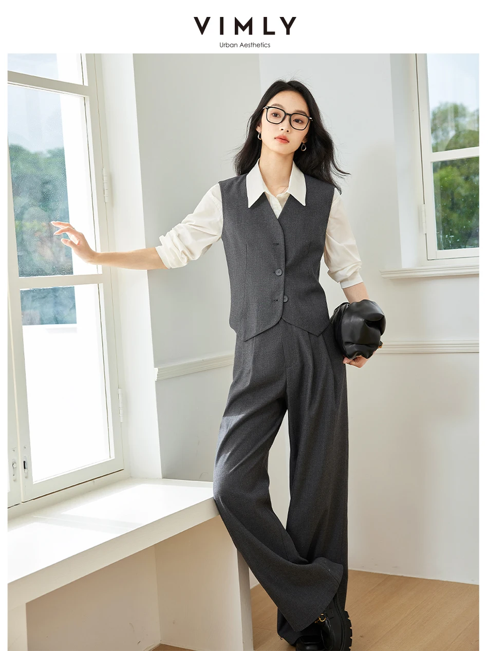 VIMLY Women's Simple Pants Suits Autumn Fashion Commuting Temperament Slim Vest Pant Woman Clothing+ Casual Solid Trousers M8599