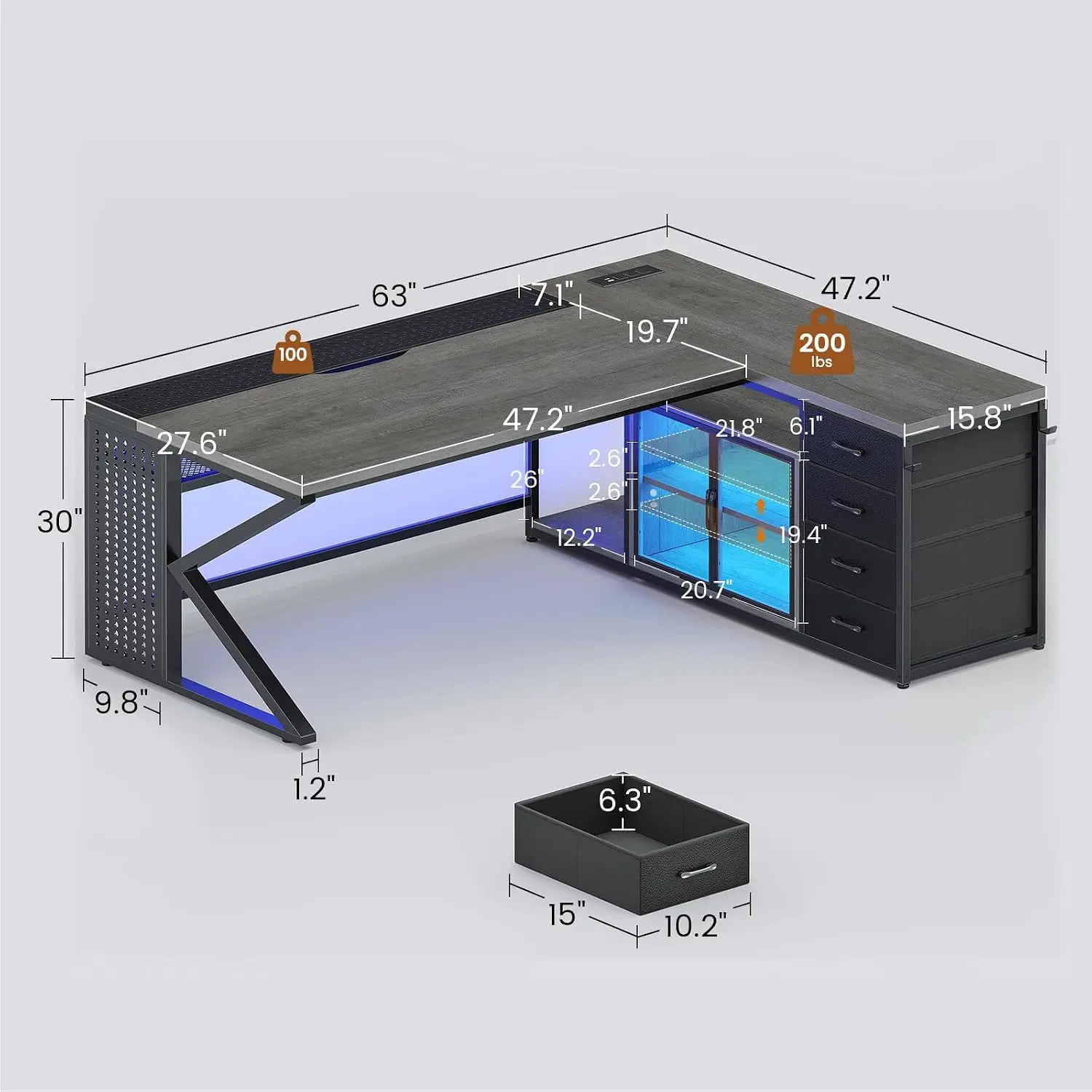 63 Inch L Shaped Gaming Desk with 4 Drawers, Gray Corner Computer Desk with LED Lights and Acrylic Cabinet for Home Office