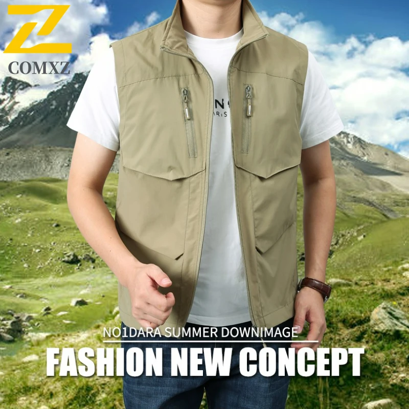 

2025 Man Vest Spring Many Pocket Casual Stand Collar Jacket Men Sleeveless Solid Color Outdoors Fishing Waistcoat Men's Coat 6XL