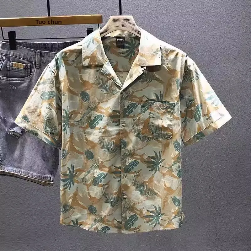 

Летняя мужская рубашка свободного кроя в гонконгском ретро-стиле для отпуска, большие размеры (до 300 фунтов), с коротким рукавом, в гавайском стиле