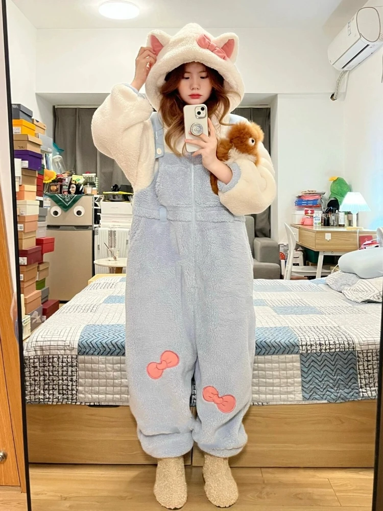 

Adorable Cartoon Coral Fce Spwear Women's Winter Thiened Long Sve Onesie Home Clothes Plu Overall Robe Large Size