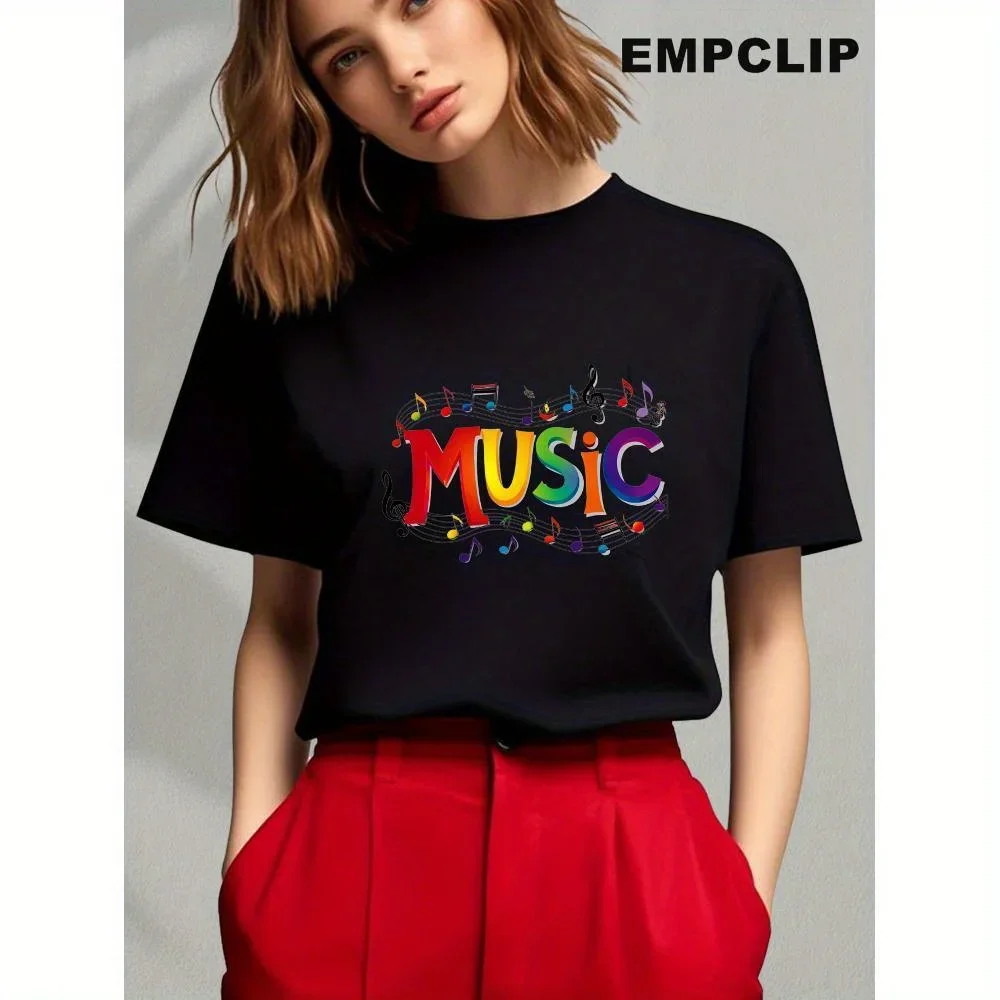 

Женская футболка из чистого хлопка с рисунком музыкальной ноты — черная рубашка с красочными музыкальными нотами, дышащая летняя концертная футболка