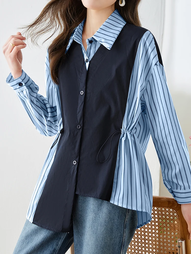 

QOERLIN Women Slim-Waist Button Down Shirts Patchwork Striped Dress Shirt Long Sleeve Turn-Down Collar Office Work Blouses Tops