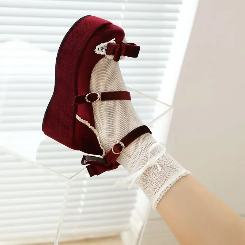 REAVE CAT Lolita Girls Pumps 32 33 Ankle Strap Bowknot Flock Suede Platform 7.5cm Big Size 42 43 Sweet Dating Women Shoes